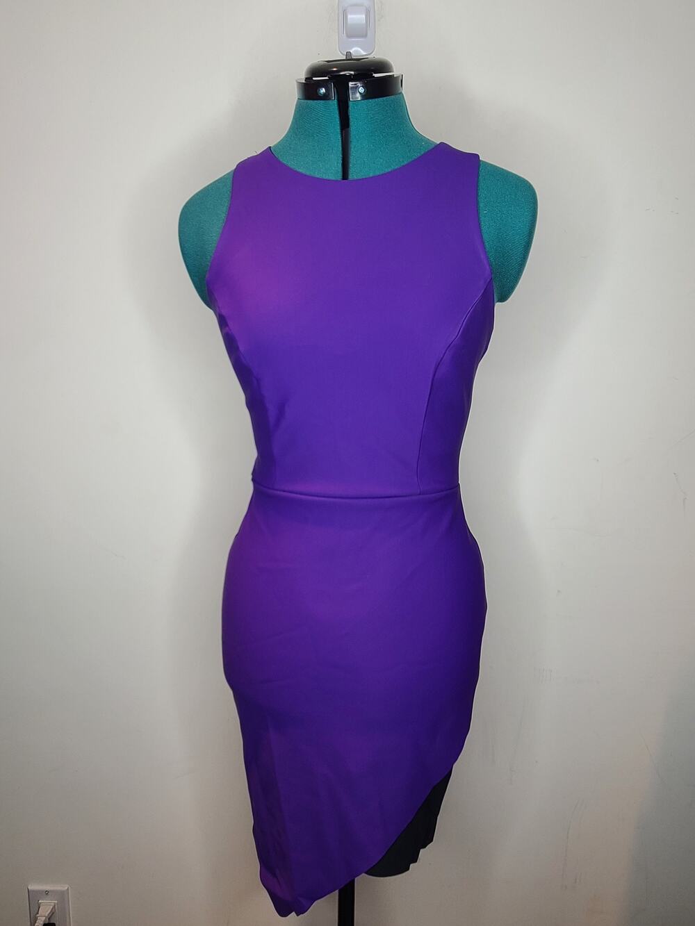 bebe bodycon purple black racerback dress with asymmetric hem - XS